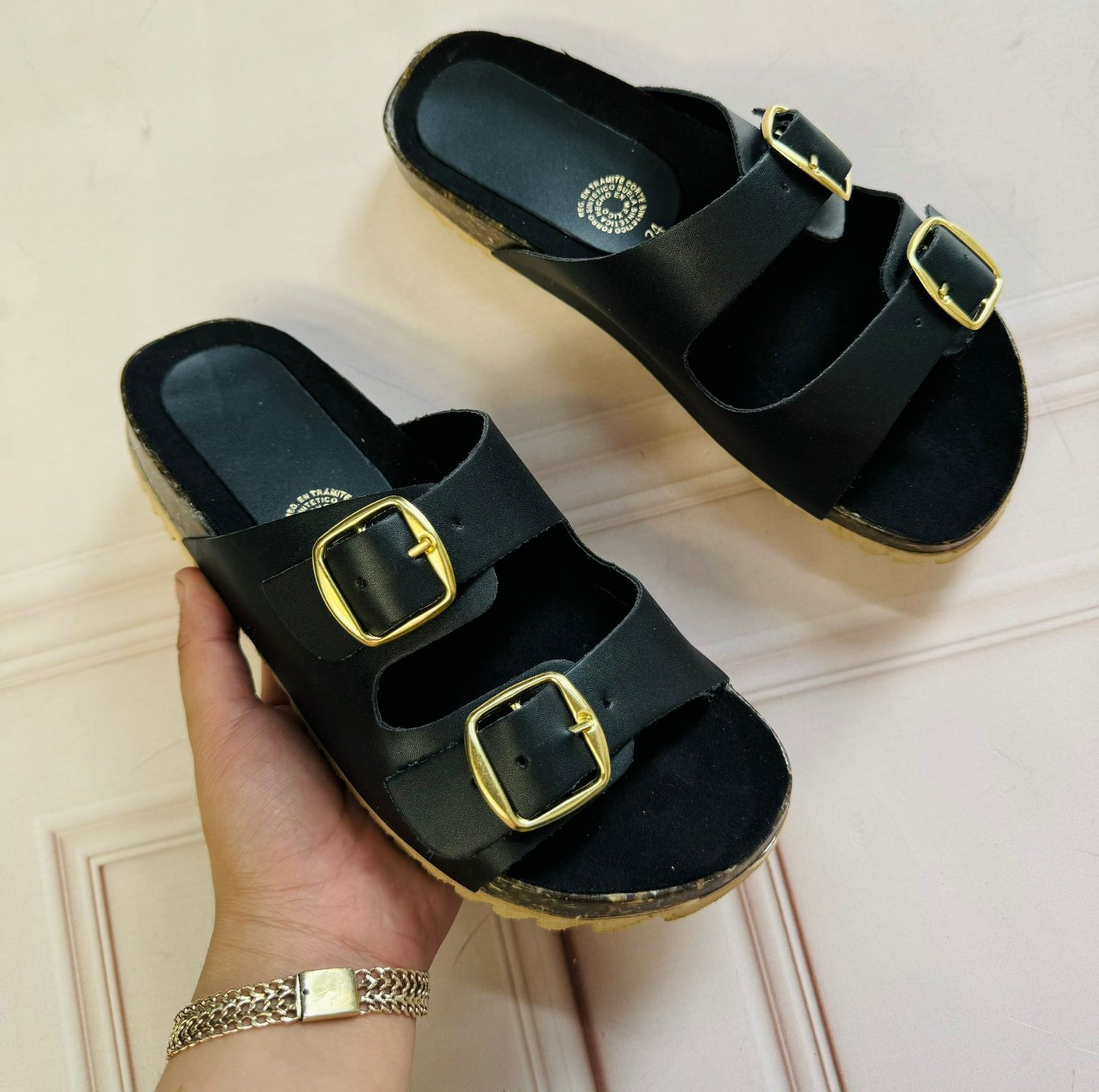 Two buckle slide sandals for women