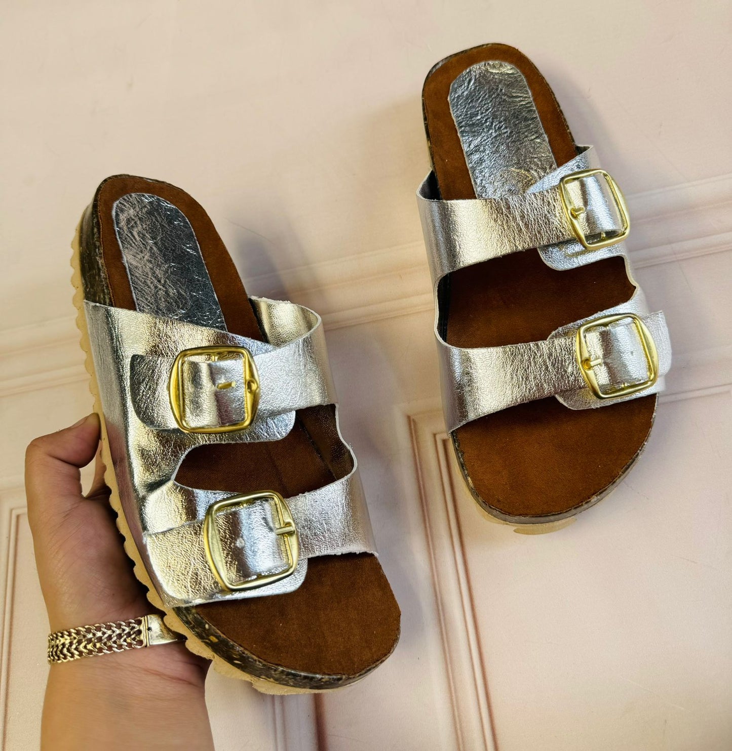 Two buckle slide sandals for women