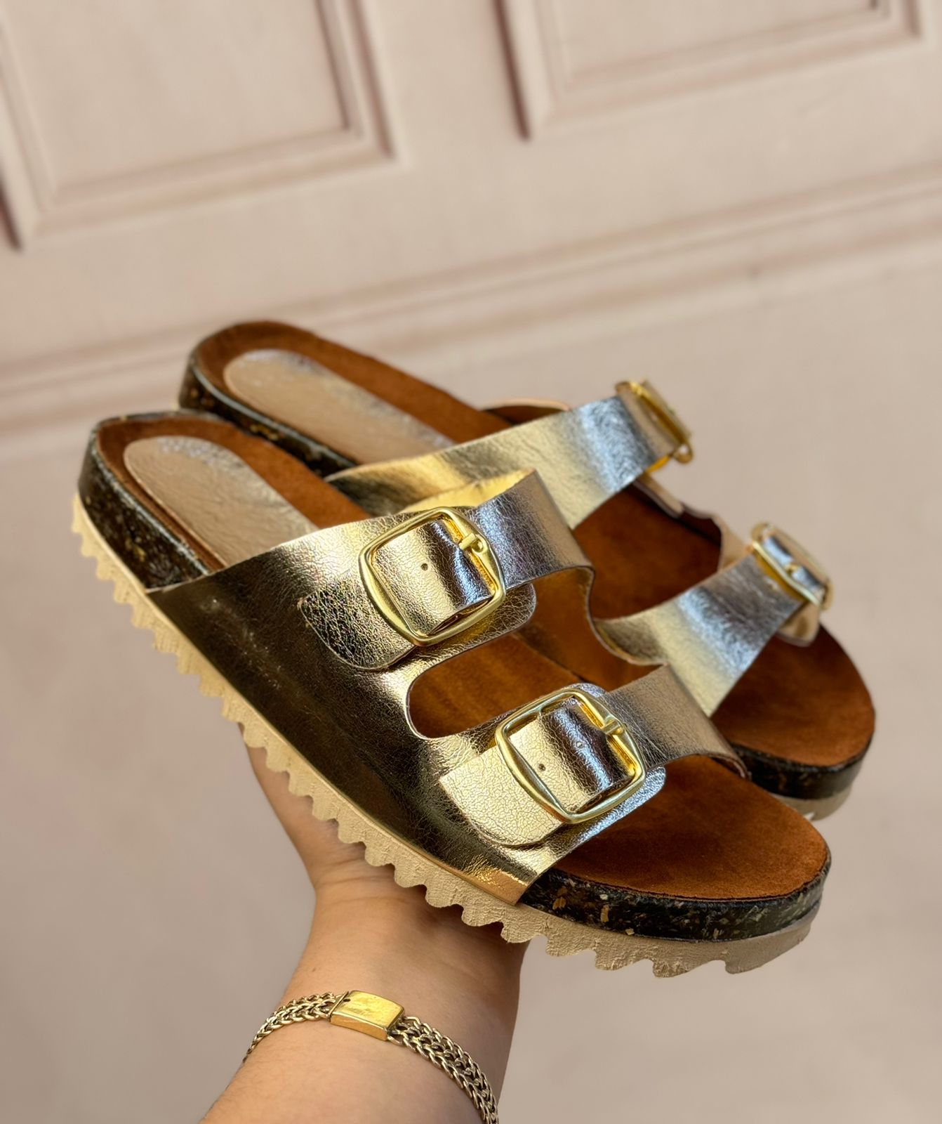 Two buckle slide sandals for women