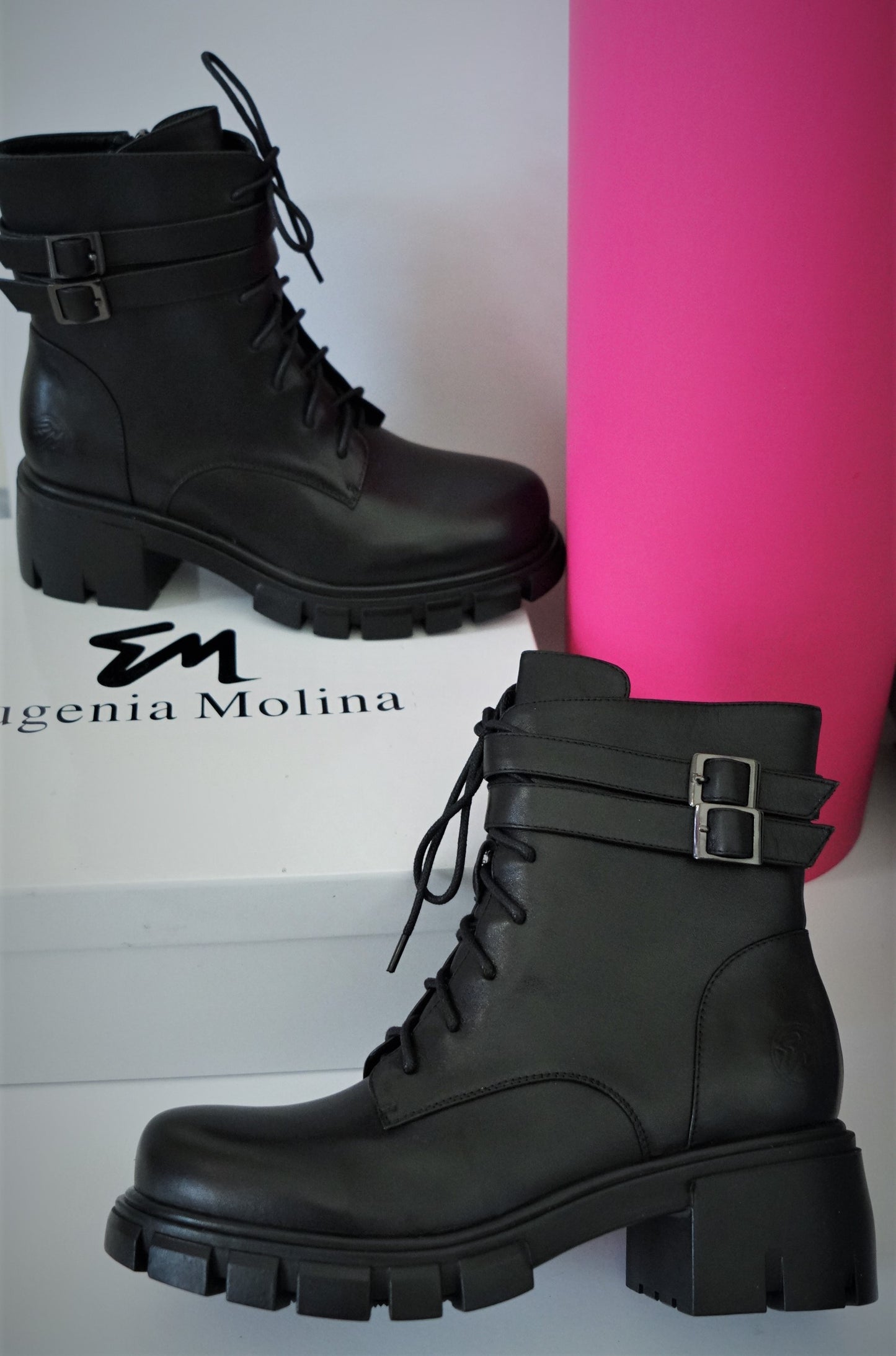 Smooth Genuine Leather Buckled Lace -up Combat Boots for Women - Eugenia Molina