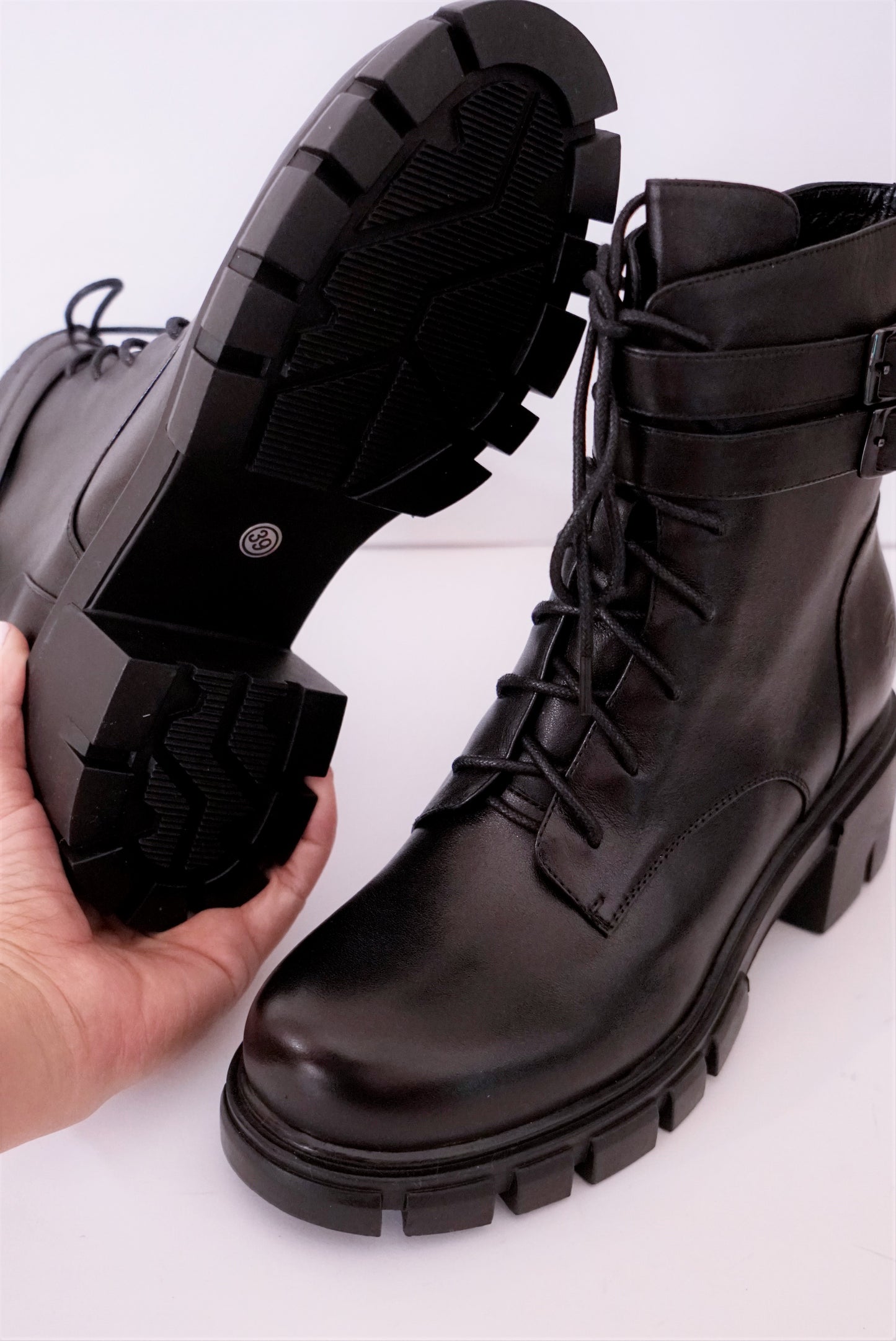 Smooth Genuine Leather Buckled Lace -up Combat Boots for Women - Eugenia Molina