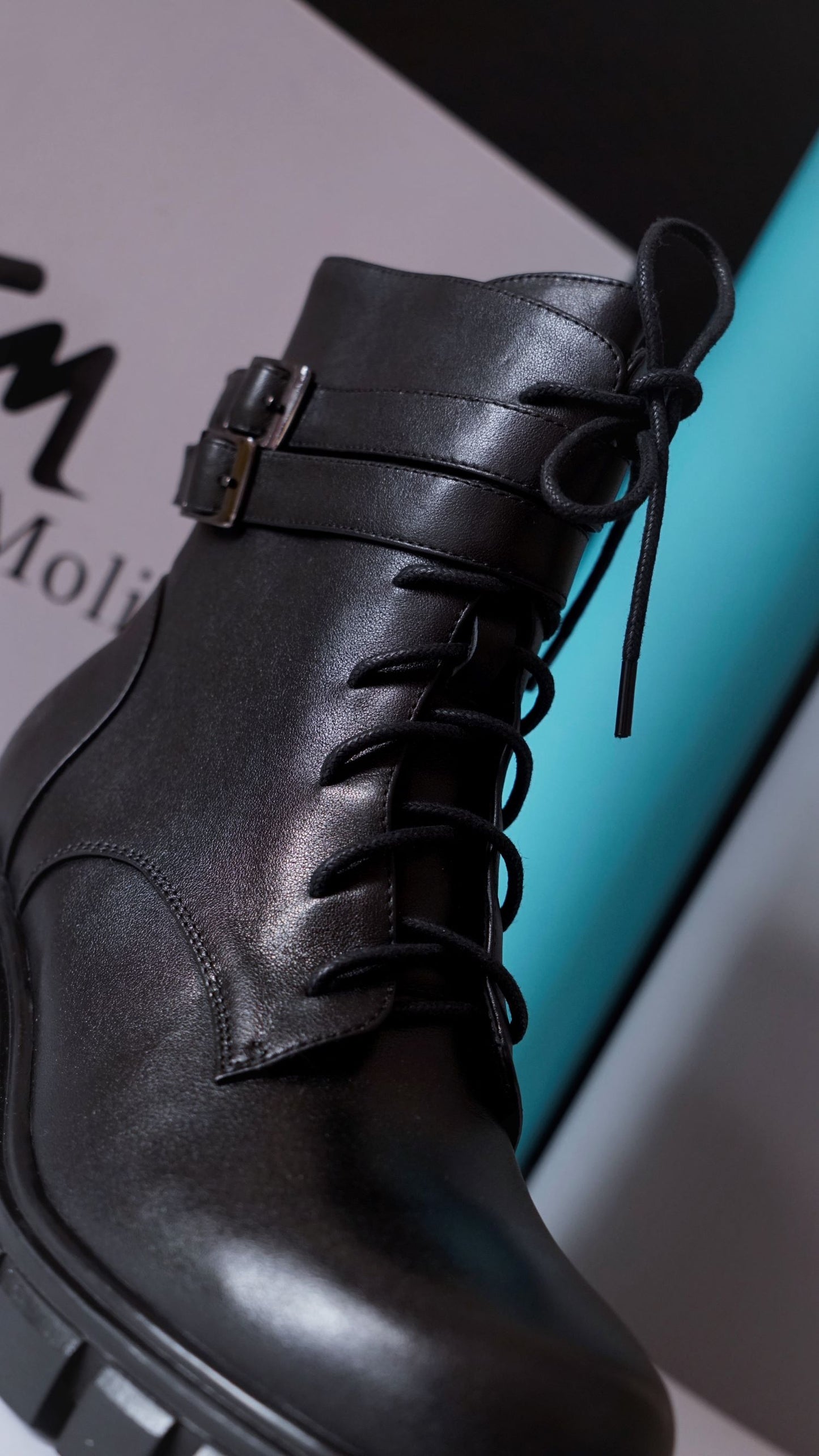 Smooth Genuine Leather Buckled Lace -up Combat Boots for Women - Eugenia Molina