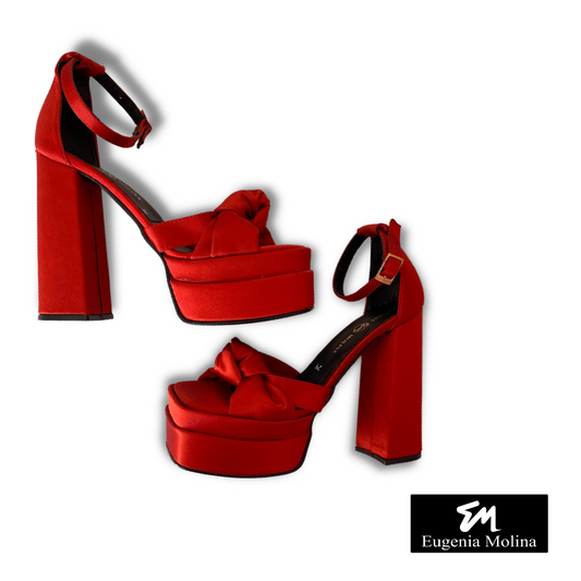 Sandalias de Tacones de Plataforma en Satin Rojo