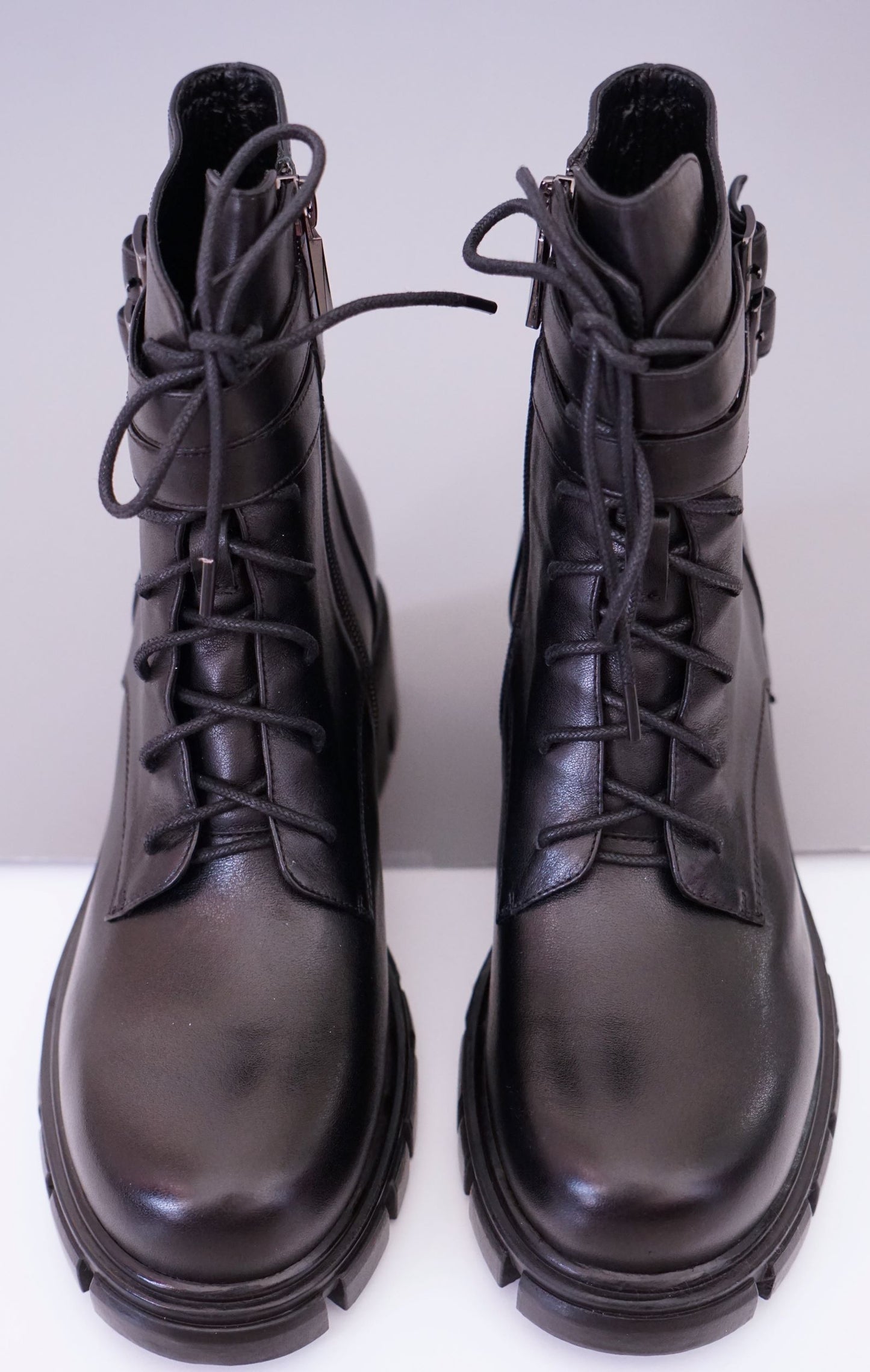Smooth Genuine Leather Buckled Lace -up Combat Boots for Women - Eugenia Molina
